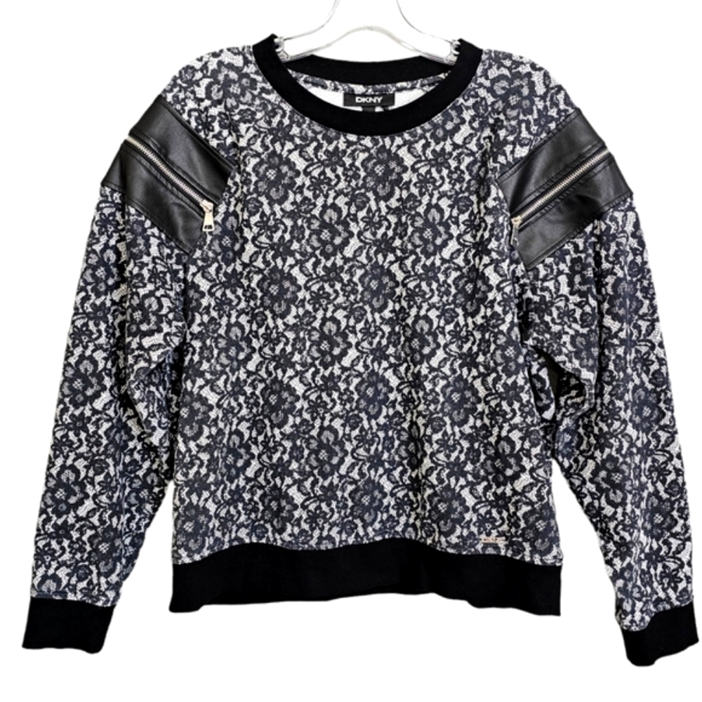 DKNY Nwot Black White Floral Pullover Top with Faux Leather Zip Open Shoulder Op